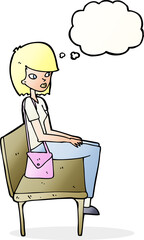 cartoon woman sitting on bench with thought bubble
