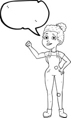 speech bubble cartoon woman in dungarees