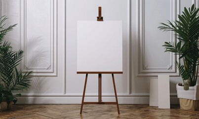 Wooden easel with blank canvas standing near white wall in modern interior room, mockup