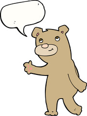 cartoon happy waving bear with speech bubble