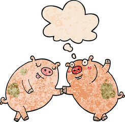 cartoon pigs dancing and thought bubble in grunge texture pattern style