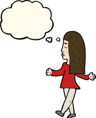 cartoon woman shrugging shoulders with thought bubble