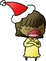 gradient cartoon of a woman talking loudly wearing santa hat