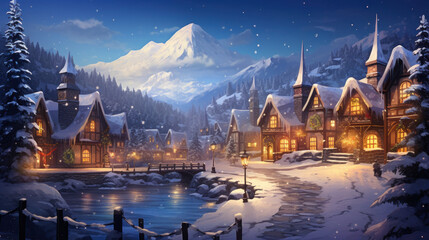 Fototapeta premium Cozy winter village nestled in the mountains