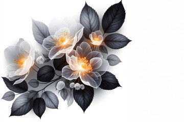 diaphanous transparent white flowers with glowing orange centers on dark grey leaves and white background with free space