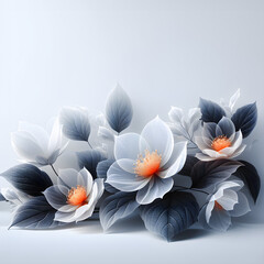 diaphanous transparent white flowers with glowing orange centers on dark grey leaves on the hell grey background and free space. Valentines gift