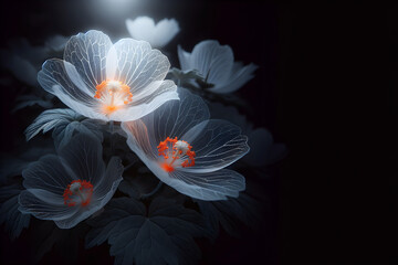 diaphanous transparent white flowers with glowing orange centers on dark grey leaves on the black background and free space
