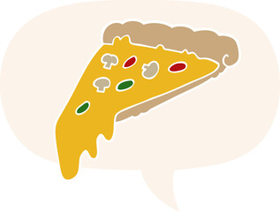 cartoon pizza slice and speech bubble in retro style