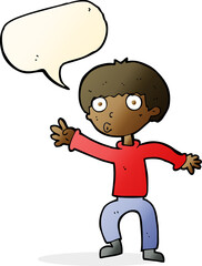 cartoon boy waving warning with speech bubble