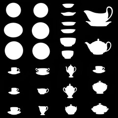 collection de pictogrammes et silhouettes d'ensemble de vaisselle blanc sur fond noir