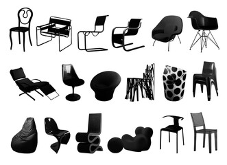 collection de d'icônes et silhouettes de chaises et assises design en noir et blanc détourées
