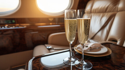 champagne on board a private jet. a flight on the board of a business class plane and two flutes of...