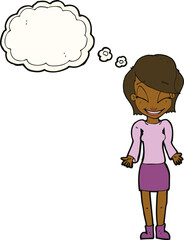 cartoon happy woman shrugging shoulders with thought bubble