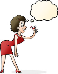 cartoon woman with drink with thought bubble
