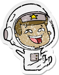 distressed sticker of a cartoon laughing astronaut