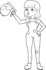 black and white cartoon woman in dungarees with coffee