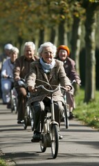 Senior people riding bicycles in the park. Generative AI.