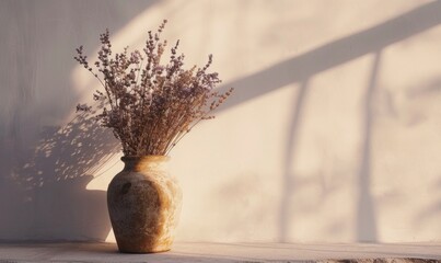 Dried flowers in vase on wooden floor and white wall background