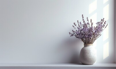 Lavender bouquet in vase on white table and wall background