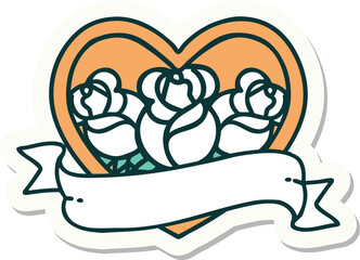 tattoo style sticker of a heart and banner with flowers