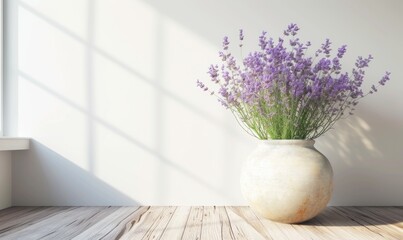 Lavender flowers in vase on wooden table and white wall background.
