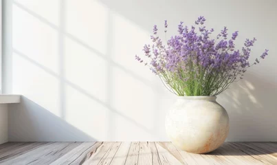 Fototapeten Lavender flowers in vase on wooden table and white wall background. © TheoTheWizard