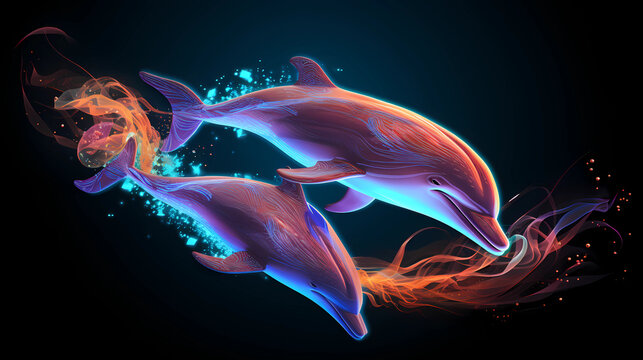 Dolphin Animal Plexus Neon Black Background Digital Desktop Wallpaper HD 4k Network Light Glowing Laser Motion Bright Abstract	