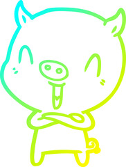 cold gradient line drawing happy cartoon pig