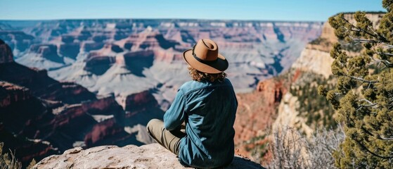 A man in a hat sitting on a rock overlooking the canyon. Generative AI. - Powered by Adobe
