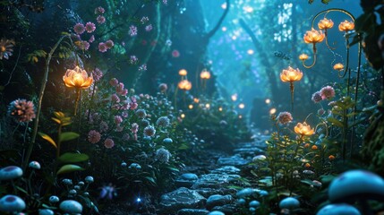 Fototapeta na wymiar A path through a forest with flowers and candles. Generative AI.