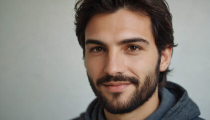 Obraz premium Young Brunette Man with Warm Smile and Hazel Eyes - Headshot Portrait