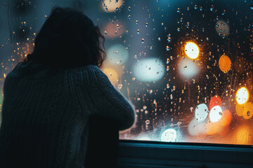 person sitting alone by a window, with raindrops on the glass, reflecting the emotional storm of losing love for life