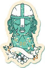 half orc fighter character with natural 20 dice roll illustration