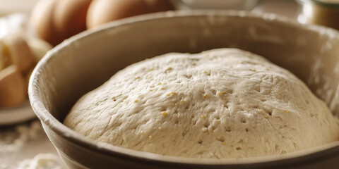 Artisanal Yeast Dough, copy space. A close-up image of freshly kneaded yeast dough resting in a bowl, ready for baking, set on a kitchen countertop.