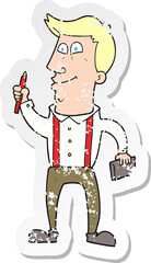 retro distressed sticker of a cartoon man with notebook and pen