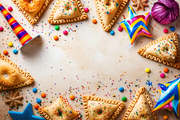 Festive Purim background, Purim attributes, triangular pies, Haman ears, traditional hamantaschen cookies. Postcard on a beige background.