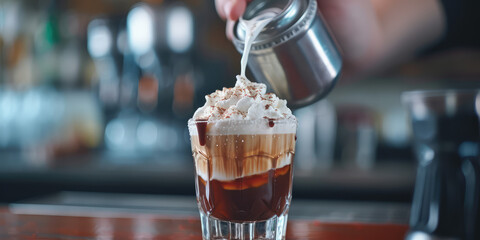 Close-Up of Whipped Cream Topped Iced Coffee, copy space. Delicious iced coffee topped with a...