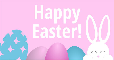 Sweet easter sale illustration with color Painted Egg and white rabbit on a pink background. Vector Easter Holiday Design Template for Coupon, Banner, Voucher or Promotional Poster. Bunny.