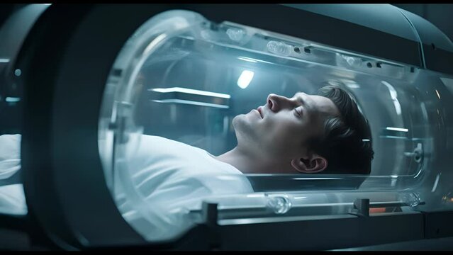 Team of astronauts in hypersleep anabiosis chamber aboard the orbital station. A crew of cosmonauts in hibernation. People in space. Galactic travel and science concept.