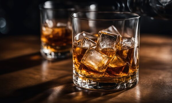 Filled whiskey glass with a drink and ice cubes stands on a bar counter. Atmosphere of a night pub, bar, club. Alcoholic beverage, glass, ice, bar table