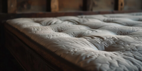 Fototapeta na wymiar Detail of an Antique Worn Mattress on a Vintage Bed. Weathered texture and torn fabric of an old mattress, showing signs of wear and age, set against the backdrop of a rustic bed frame.