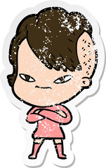 distressed sticker of a cute cartoon girl with hipster haircut