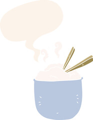 cartoon bowl of rice and speech bubble in retro style