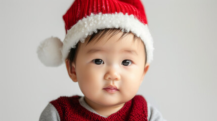 Portrait of an asian baby with a christmas hat on white studio background