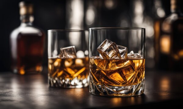 Filled whiskey glass with a drink and ice cubes stands on a bar counter. There's bottle in blurry background. Atmosphere of a night pub, bar, club. Alcoholic beverage, glass, ice, bar table