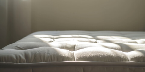 Fototapeta na wymiar Elegant Quilted Mattress in a Modern Bedroom. A close-up of the new spring sprung sprung mattress.