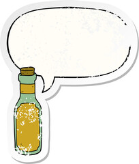 cartoon potion bottle and speech bubble distressed sticker