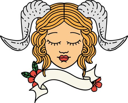 tiefling character face with scroll banner illustration