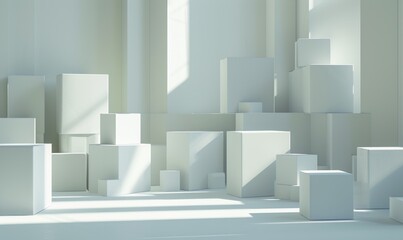 Stack of cardboard boxes in white room with sunlight. Space for text. Box mockup on white