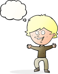 cartoon happy boy laughing with thought bubble